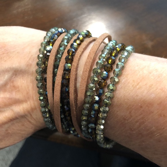 Jewelry - Leather & Crystal Cuff Wide Bracelet Brown Leather Green AB Crystal Multi Strand